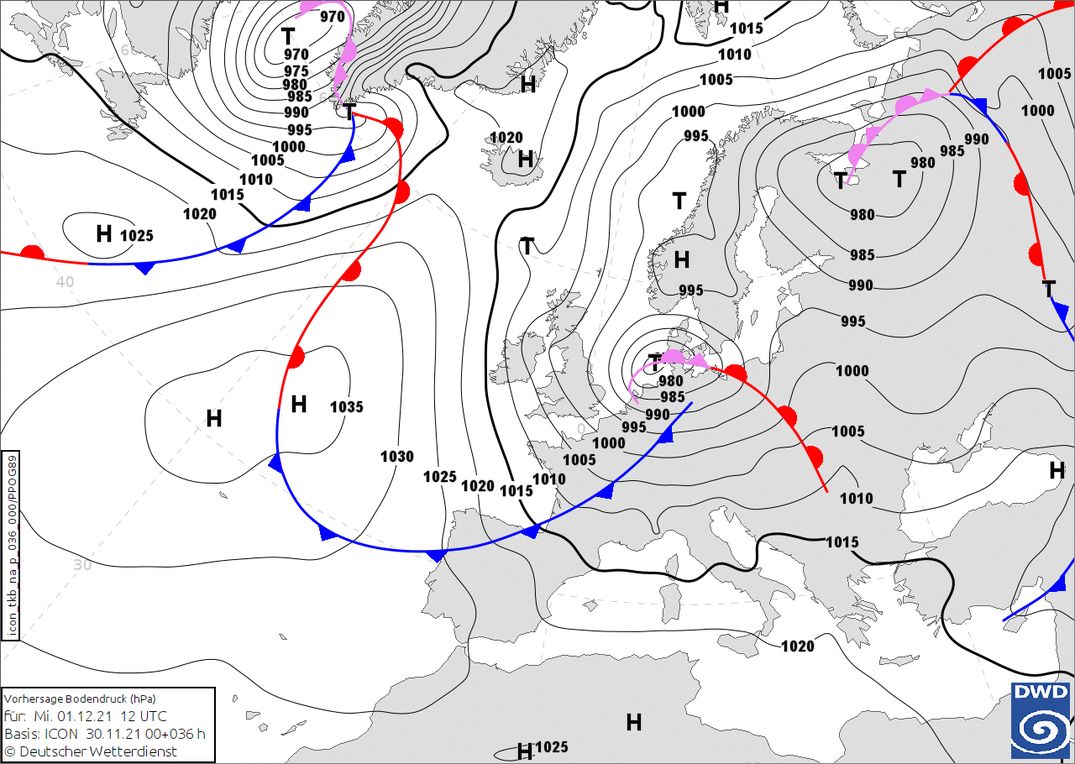 The sunny weather is short-lived, a cold front is approaching (wetter3.de, DWD)