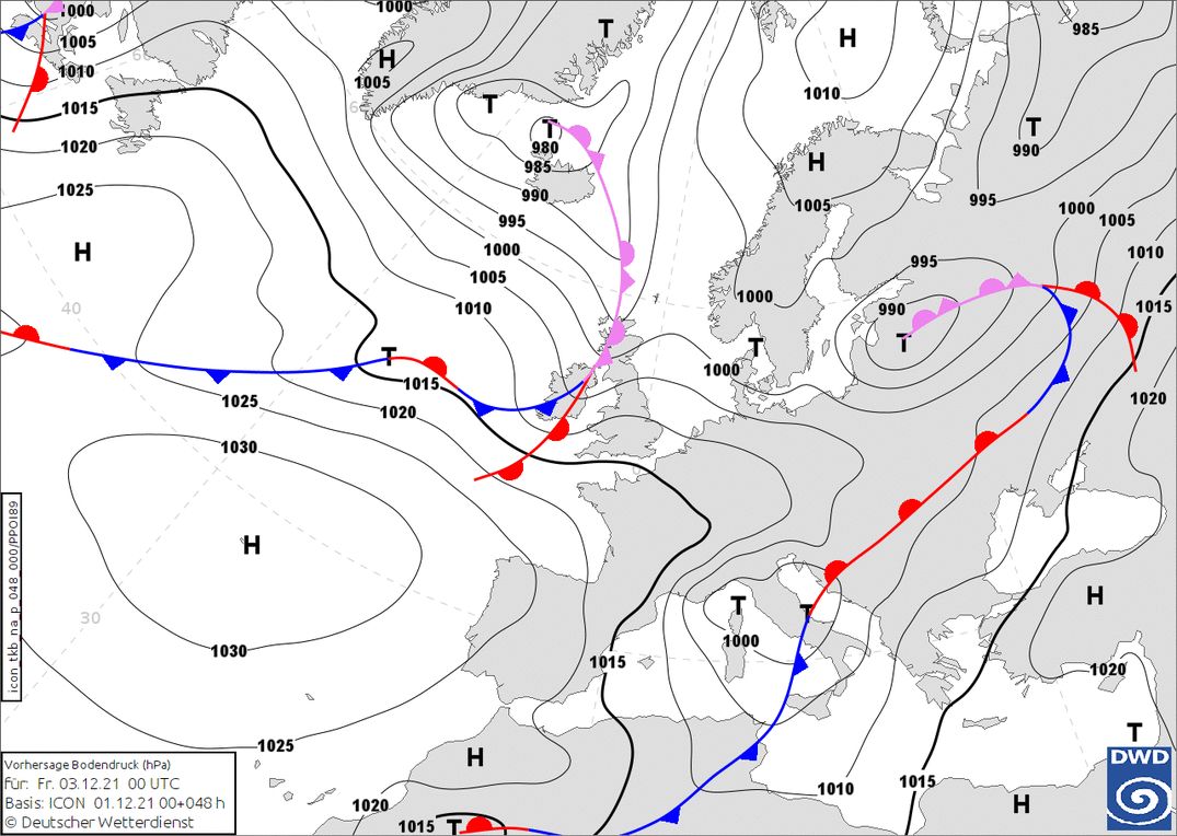 High pressure influence from the Azores on Friday (wetter3.de, DWD)