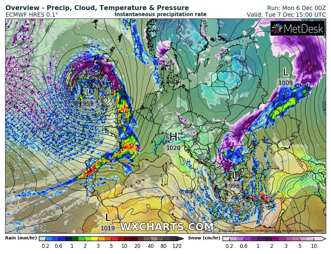 Storm Barra met een actief neerslagfront nadert morgen vanuit het westen (wxcharts.com)