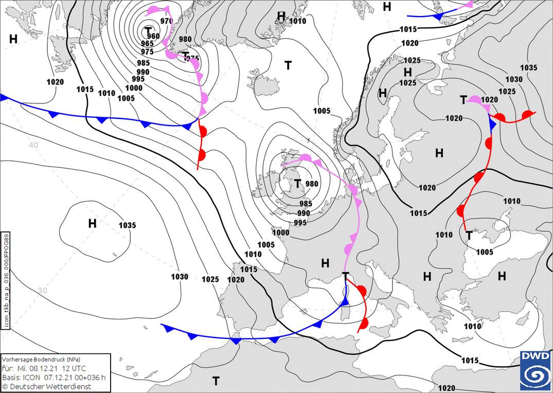 Storm Barra en een depressie boven de Middellandse Zee(wetter3.de, DWD))