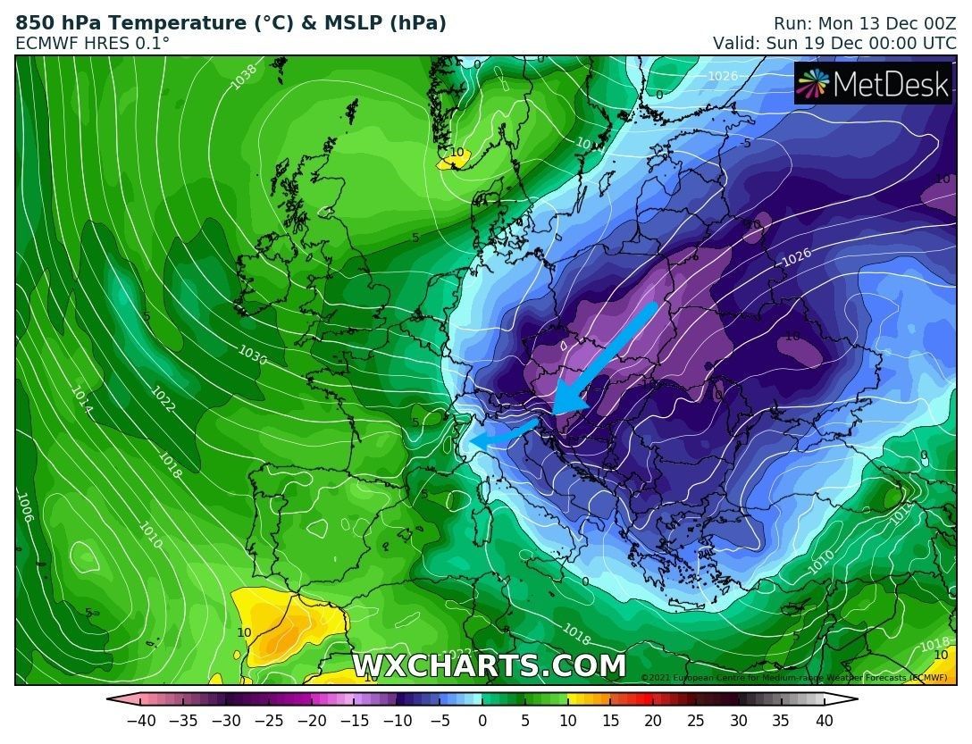 The north-eastern flow is transporting cold air masses to the Eastern Alps (wxcharts.com)
