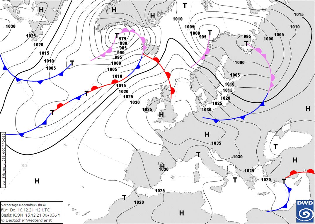 High pressure persists, but a cold front touches the east of Austria (wetter3.de, DWD)