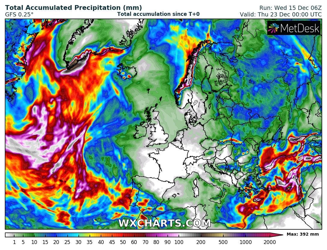 GFS total accumulation of precipitation until next Thursday (wxcharts.com)