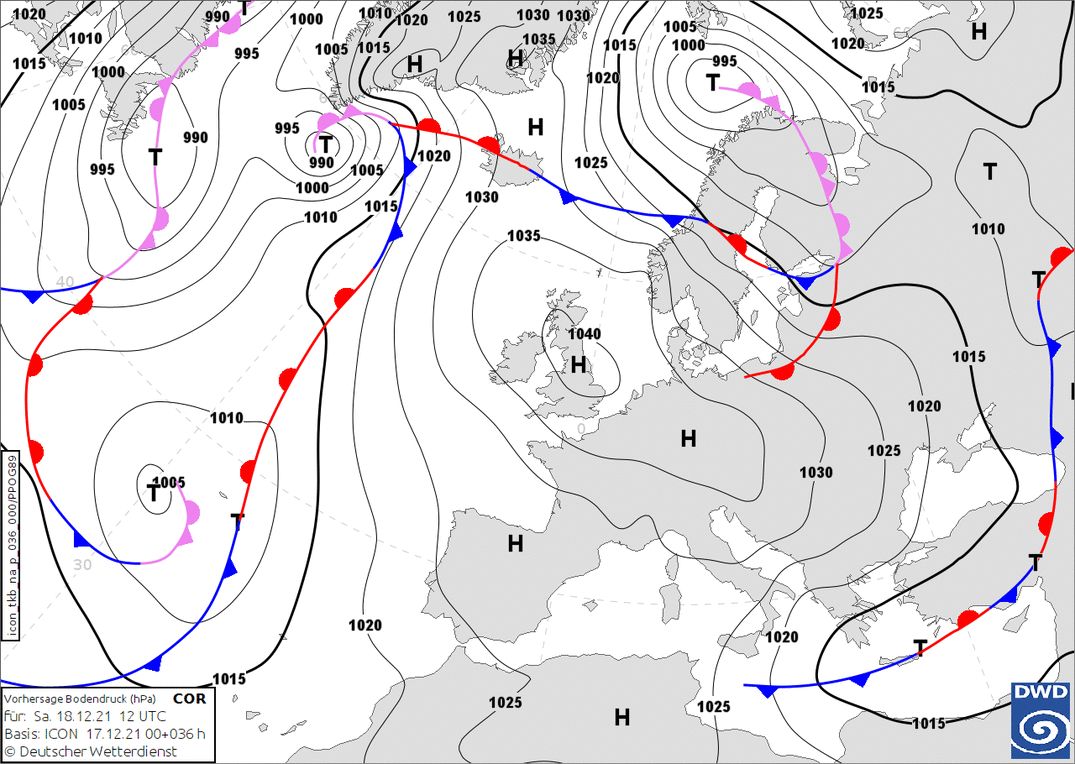 Still high pressure, so the same weather pattern over the weekend (wetter3.de, DWD)