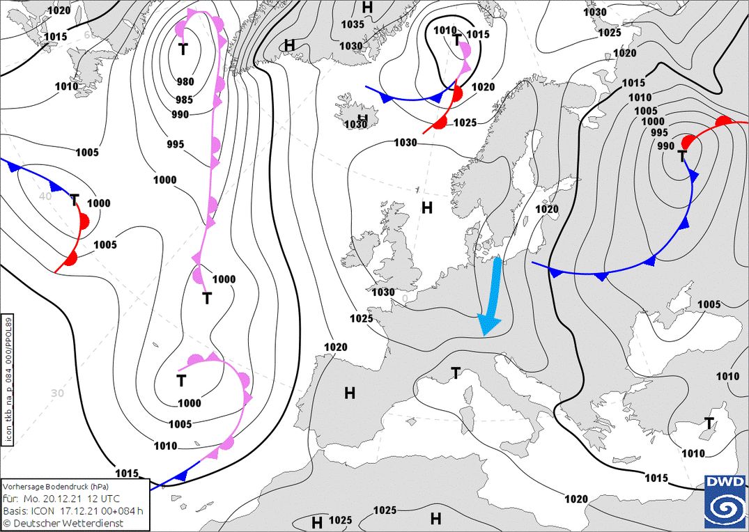 On the eastern flank of the high-pressure area, cold air is flowing towards Austria (wetter3.de, DWD)