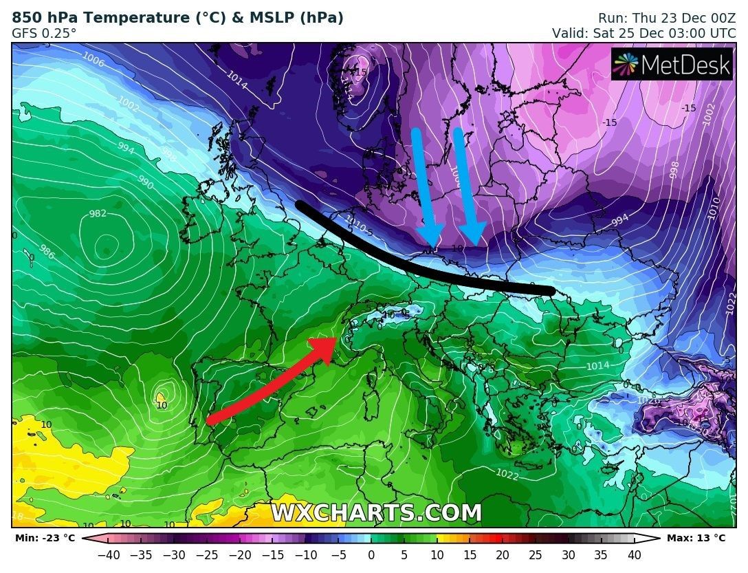 Gevecht tussen warmte en kou boven Centraal-Europa (wxcharts.com)