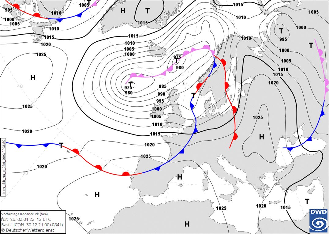 Cold front from the west on Sunday(wetter3.de, DWD)