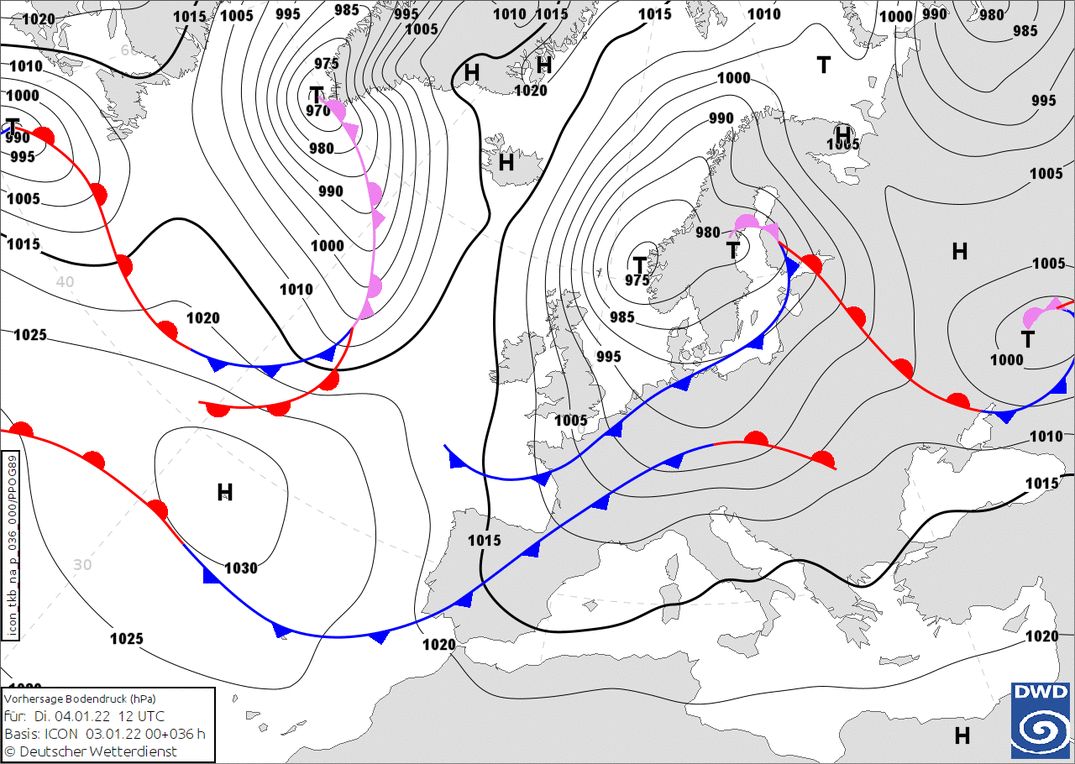 Cold front with snow from the northwest follows during Tuesday evening (wetter3.de, DWD)