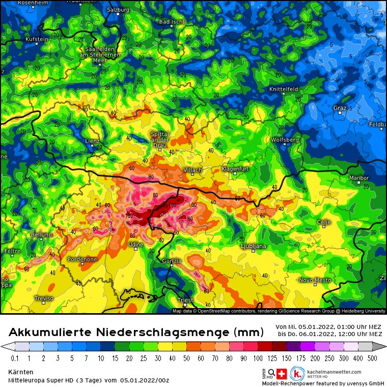 Neerslaghoeveelheden tot en met morgenmiddag volgens het Mitteleuropa Super HD (kachelmannwetter.com)