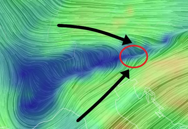 South-westerly humid flow towards the Julian Alps + cold air coming in from the north-west (earth.nullschool.net)