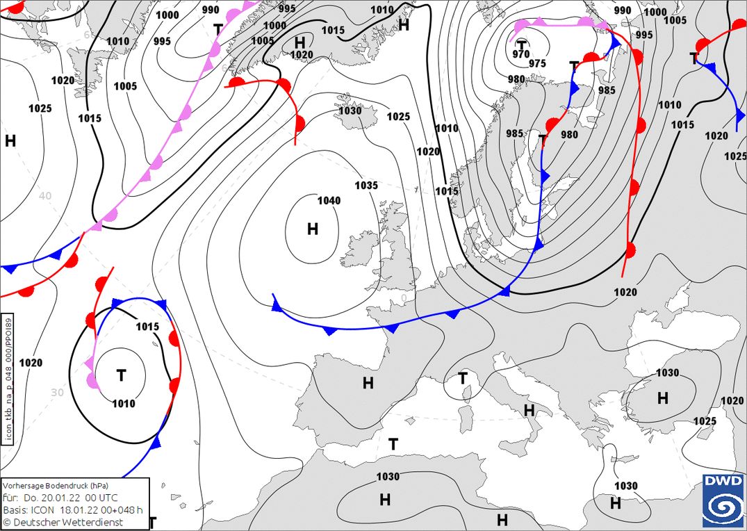 The cold front arrives during the night (wetter3.de, DWD)