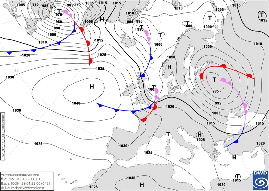 Low-pressure area with lots of precipitation approaching the Alps (wetter3.de, DWD)