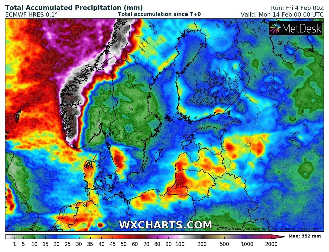Veel neerslag in het westen van Noorwegen (wxcharts.com)