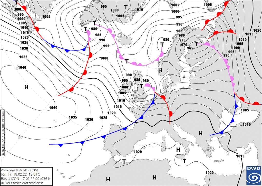 The Alps in the warm sector (wetter3.de, DWD)