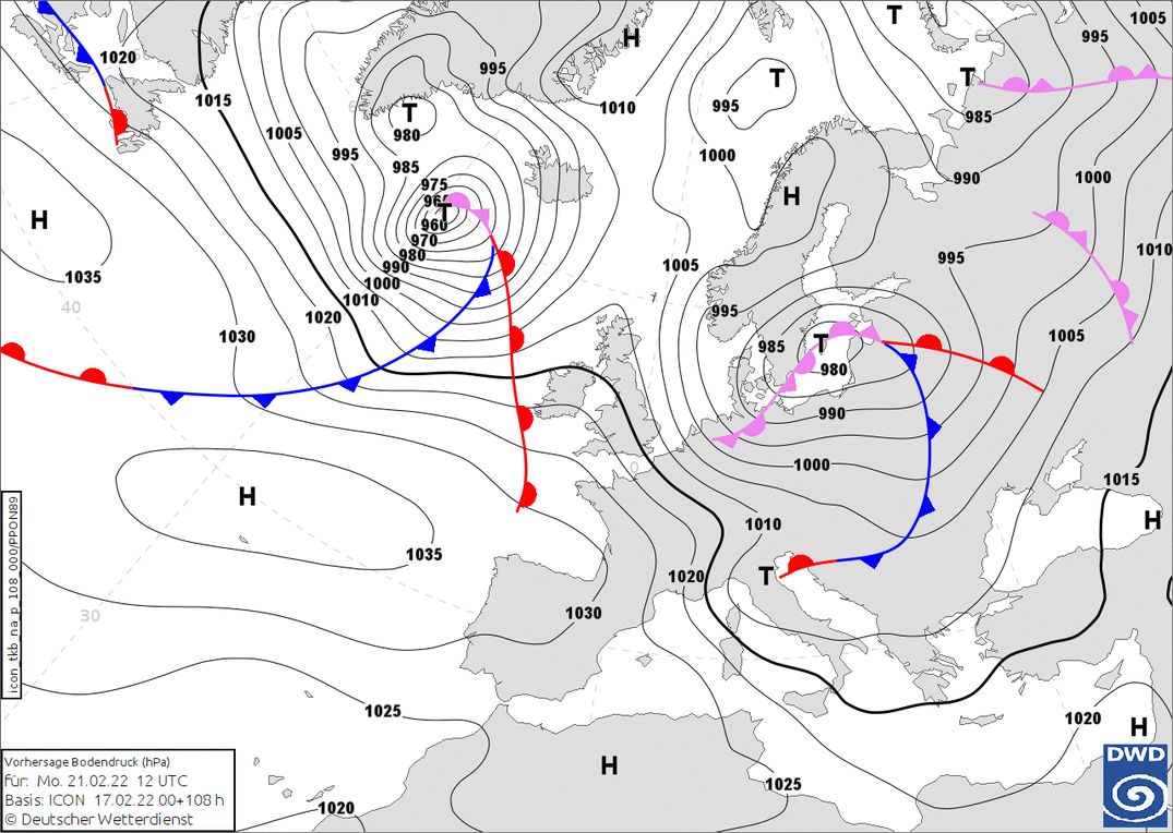 Northwesterly flow with snow on Monday (wetter3.de, DWD)