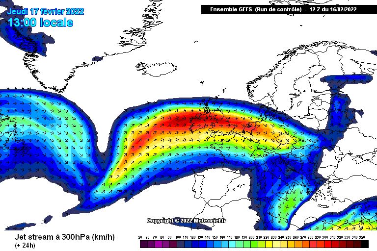 Very strong jet stream (meteociel.fr)