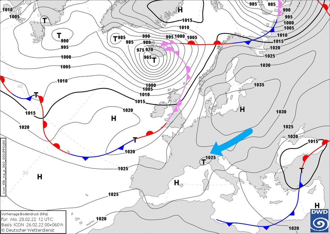 Eastern flow gives some light snow on Monday and Tuesday (wetter3.de, DWD)