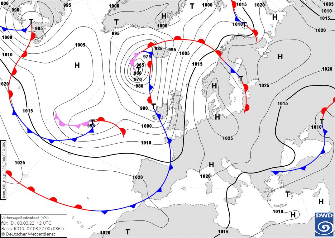 High pressure area keeps the fronts at bay (wetter3.de, DWD)
