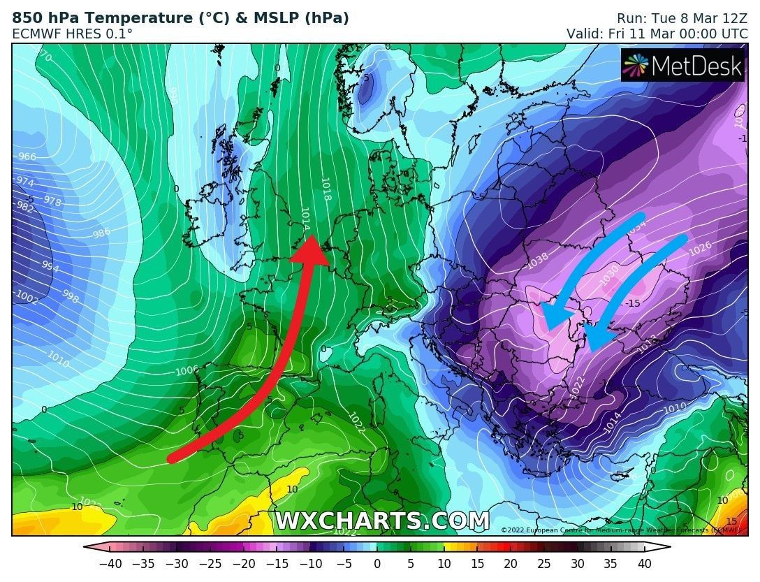 Warme zuidelijke stroming ten westen van de Alpen en een fikse koude-uitbraak in Zuidoost-Europa (wxcharts.com)