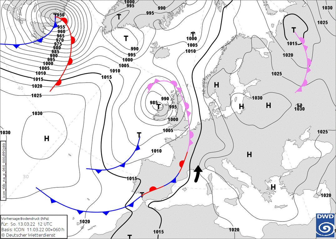 Front approaches, but does not reach the Alps. Some snow for Alpes-Maritimes (wetter3.de, DWD)