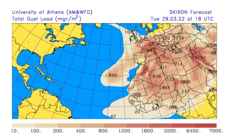 Behoorlijk wat Saharazand in de lucht op dinsdag en woensdag (forecast.uoa.gr)