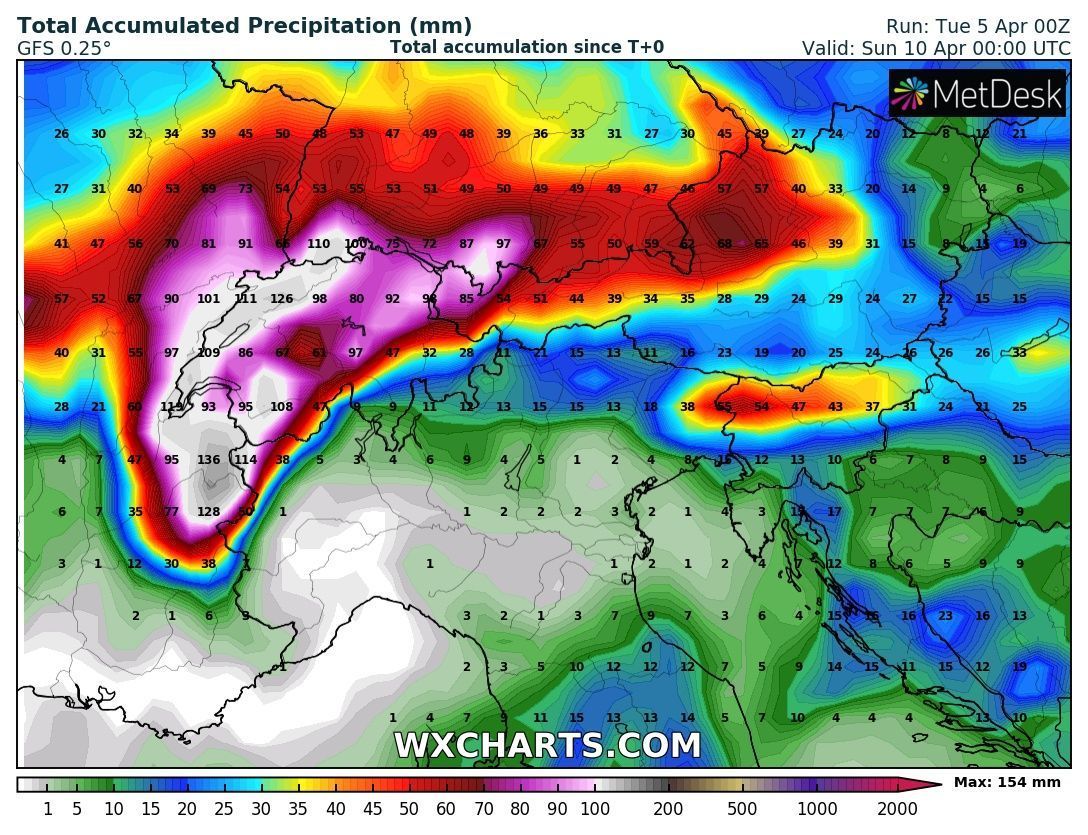 Precipitation amounts GFS until Saturday evening (wxcharts.com)