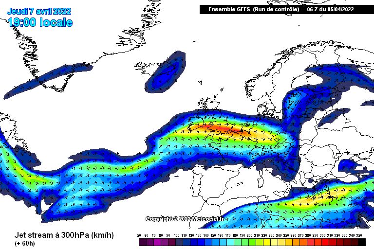 Strong jet stream just north of the Alps (meteociel.fr)