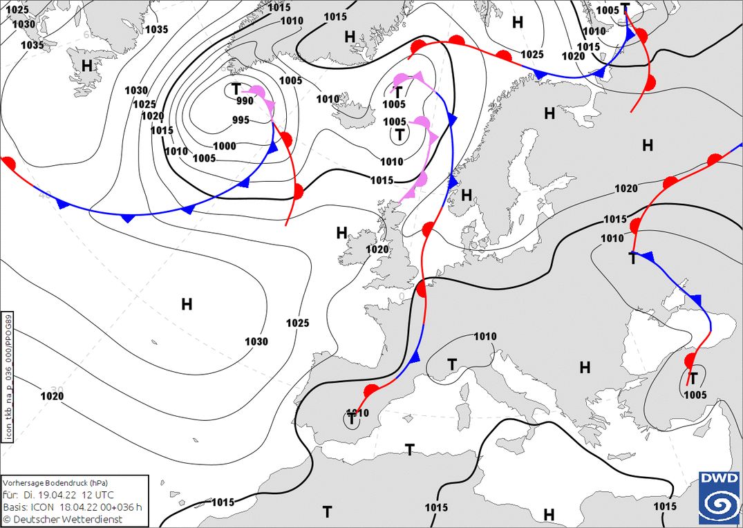 Frontenkaart for Tuesday. What's causing the snowfall? (wetter3.de, DWD)