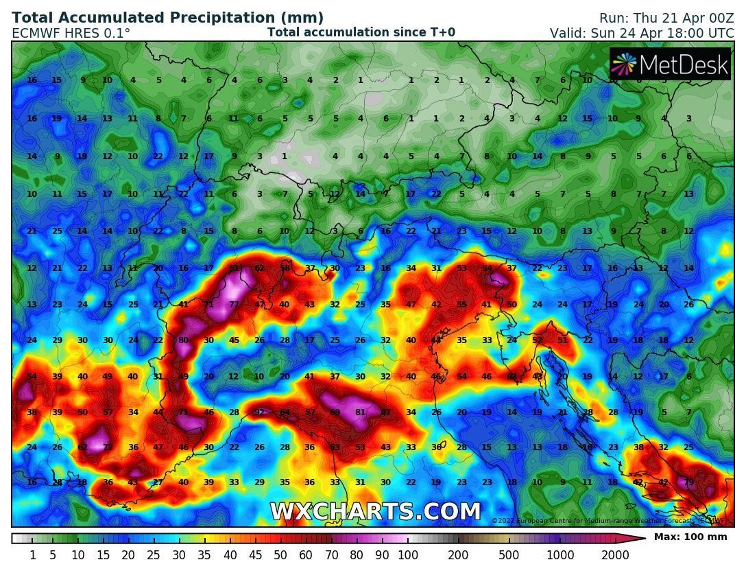Precipitation until Sunday evening according to ECMWF (wxcharts.com)