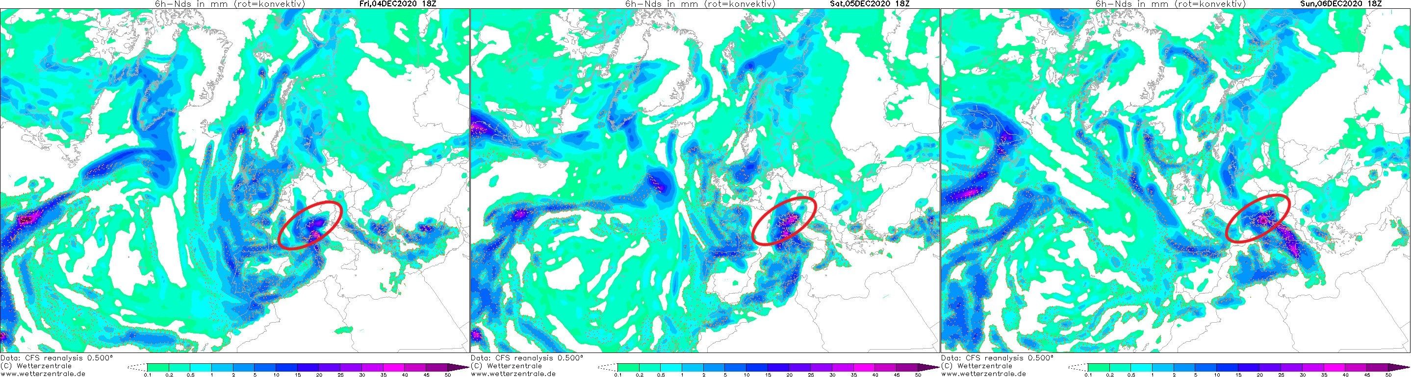 Neerslagkaarten van de Südstau begin december 2020 (wetterzentrale.de)