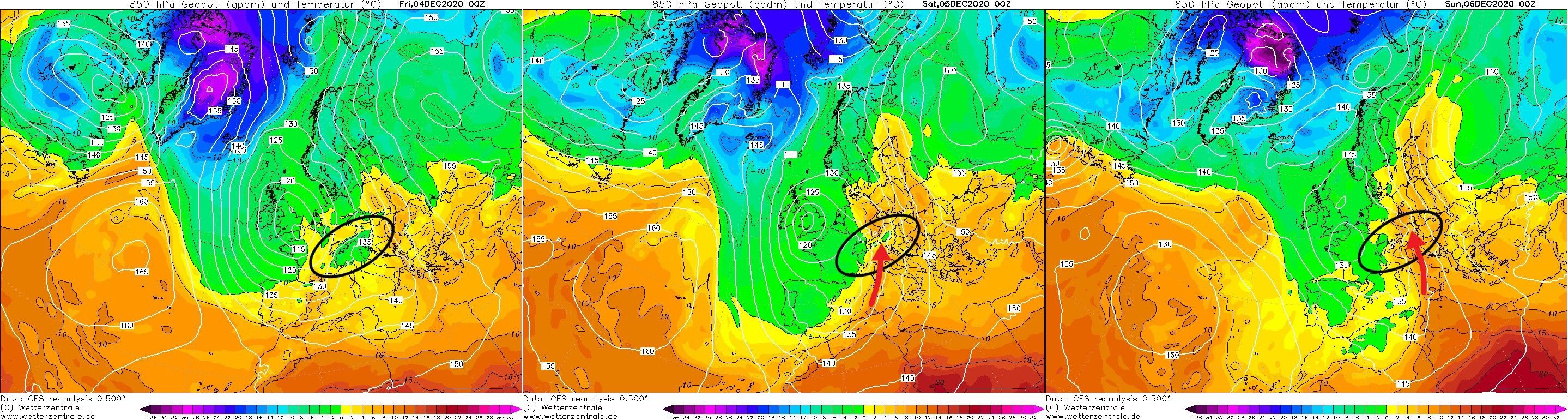 Temperatuurkaarten op 1500 meter van de Südstau begin december 2020 (wetterzentrale.de)