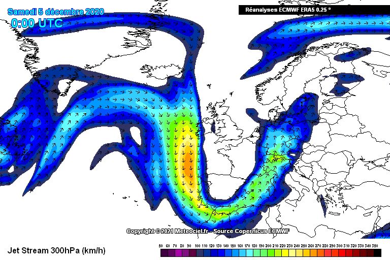 De straalstroom tijdens de hevige zuidstau in december 2020 (meteociel.fr)
