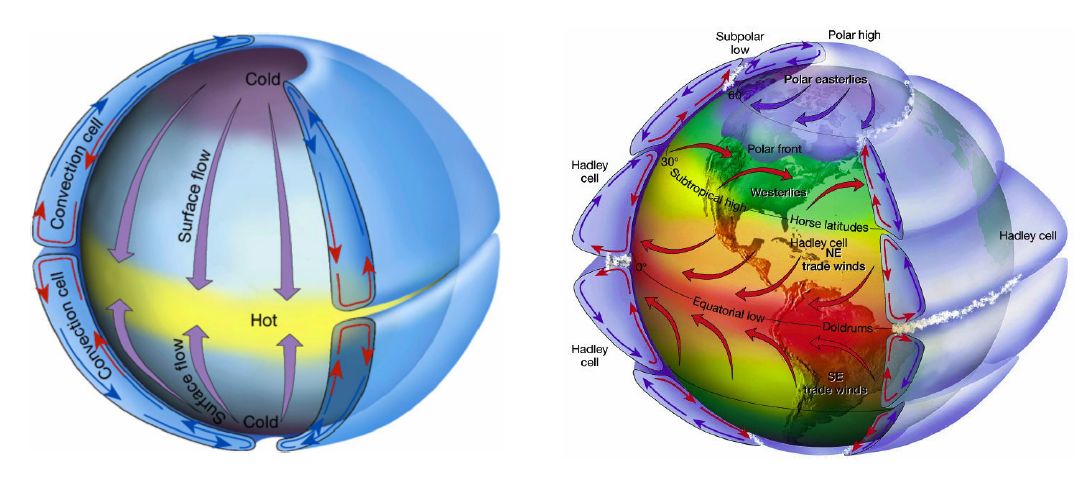 Atmosferische circulatie: links zonder rotatie en rechts in een roterend systeem (Lutgens & Tarbuck, 2001)
