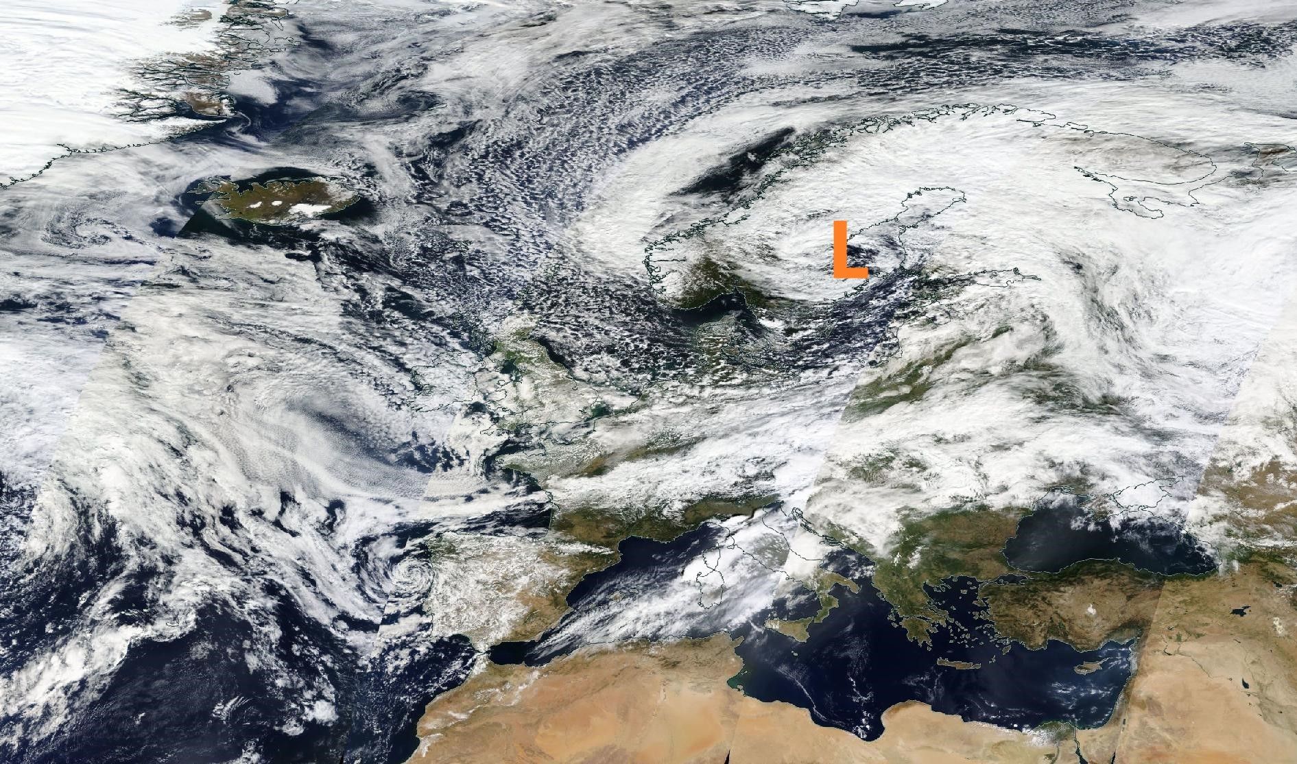 Satellite image of a low-pressure system above Northern Europe (NASA Worldview) Satellite image of a low-pressure system above Northern Europe (NASA Worldview)