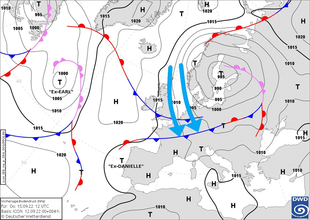 Surface weather map (forecast) with low- and high-pressure systems and fronts (wetter3.de, DWD)