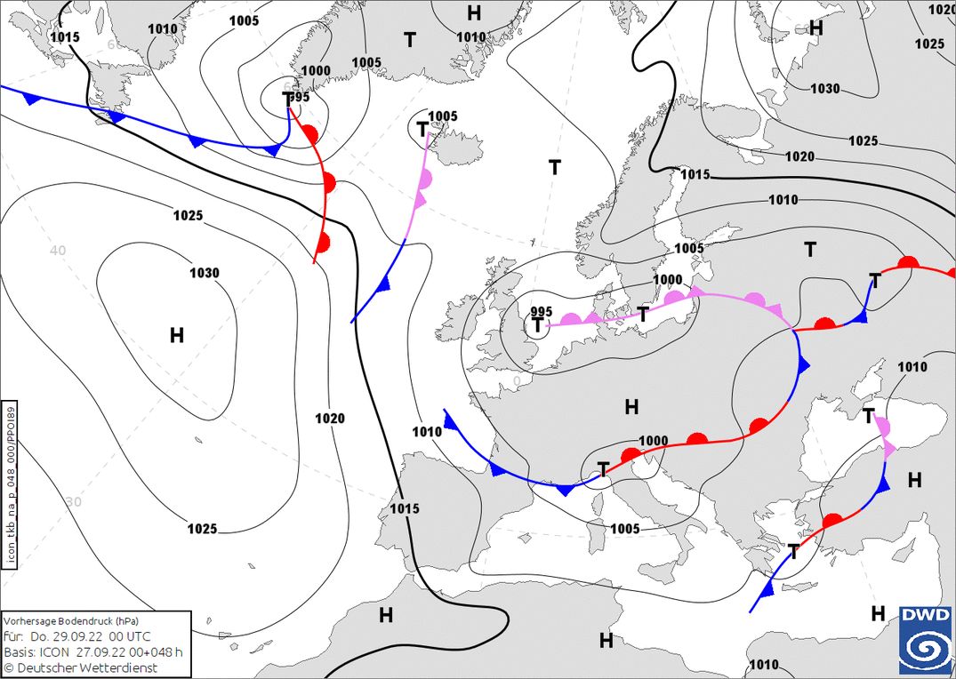 Thursday with a south-westerly flow also some snow for the southern Alps (wetter3.de, DWD)