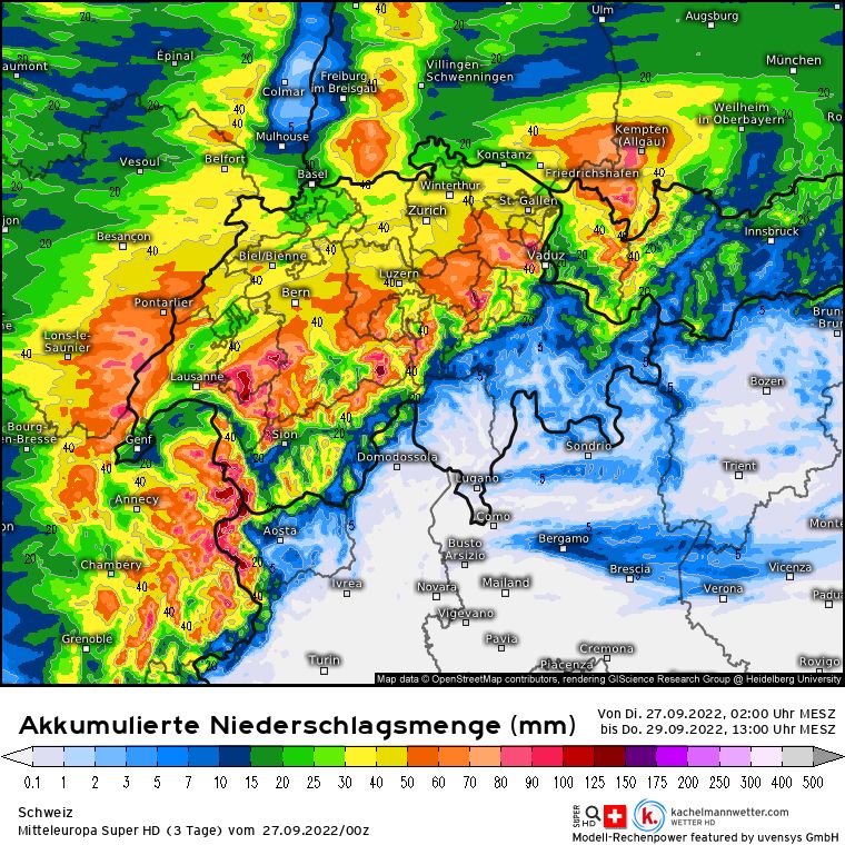 Precipitation amounts for the next days according to the Mitteleuropa Super HD model (kachelmannwetter.com)