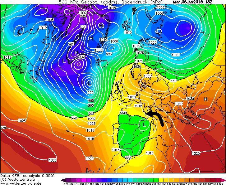 A typical situation for a retour d'Est (8. January 2018) (wetterzentrale.de)