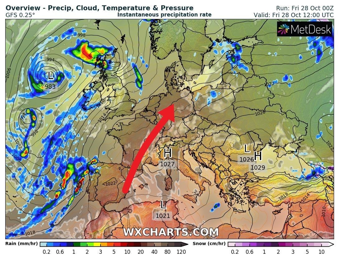 Warm south-westerly flow (wxcharts.com)