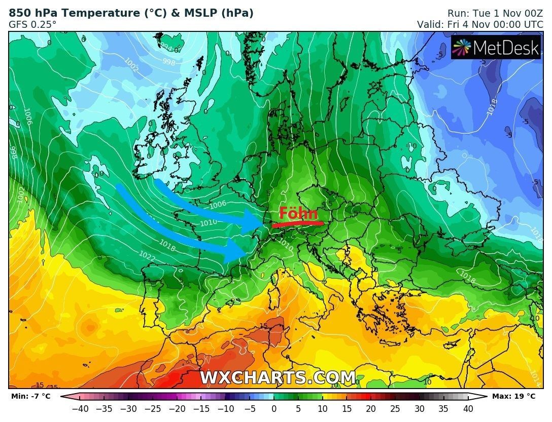 ...and will bring strong cooling at all altitudes. Föhn will last a bit longer in Austria (wxcharts.com)