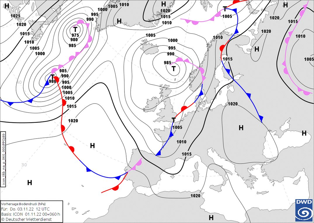 A cold front approaches from the west... (wetter3.de, DWD)