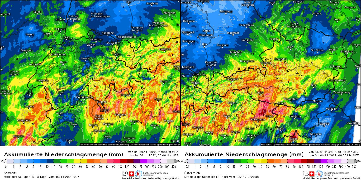 Precipitation amounts according to the Mitteleuropa Super HD model (kachelmannwetter.com)