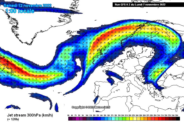 The jet stream makes a large curve around the Alps (meteociel.fr)