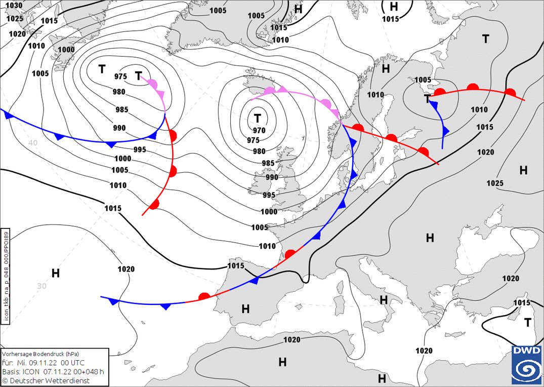 Cold front from the west on Wednesday (wetter3.de, DWD)