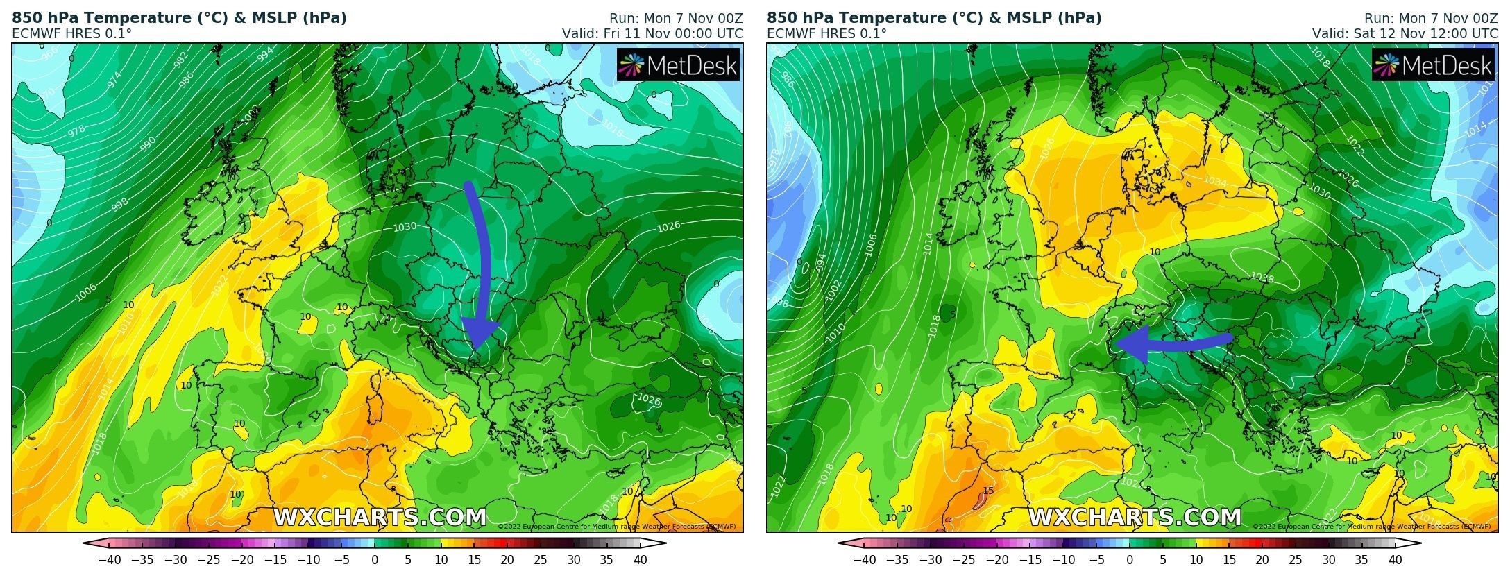 A cold air bubble moves south and possibly reaches Piedmont over the weekend (wxcharts.com)