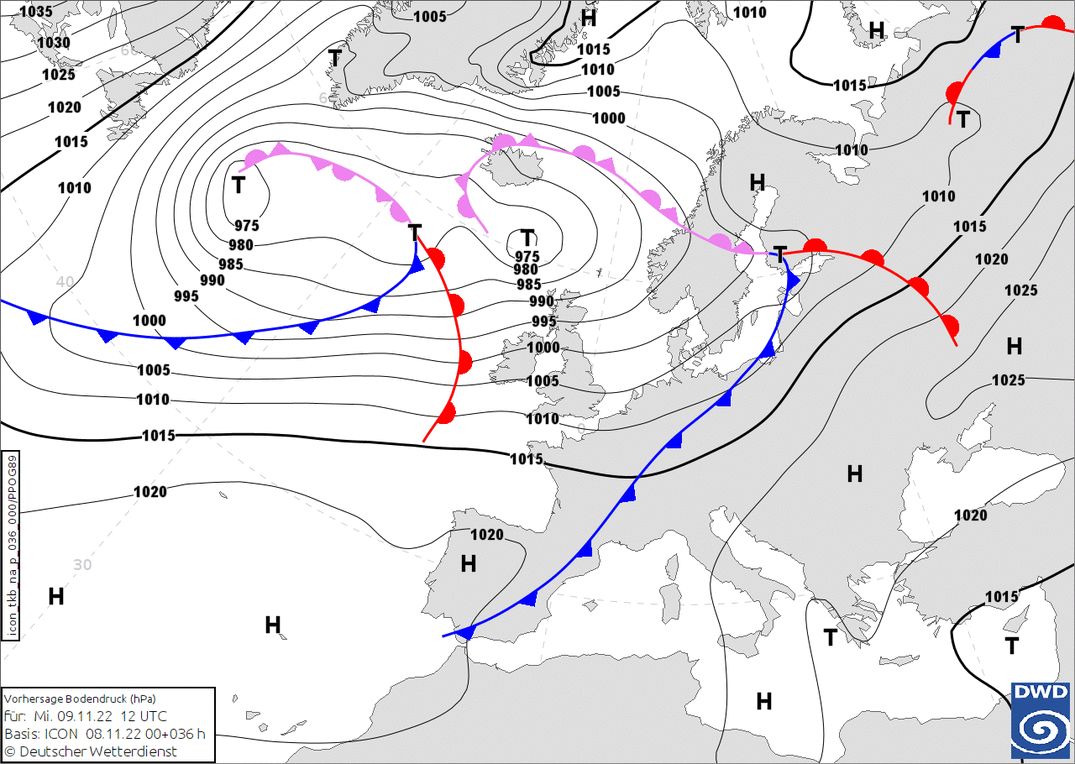 During the afternoon, the cold front moves further into the Alps (wetter3.de, DWD)