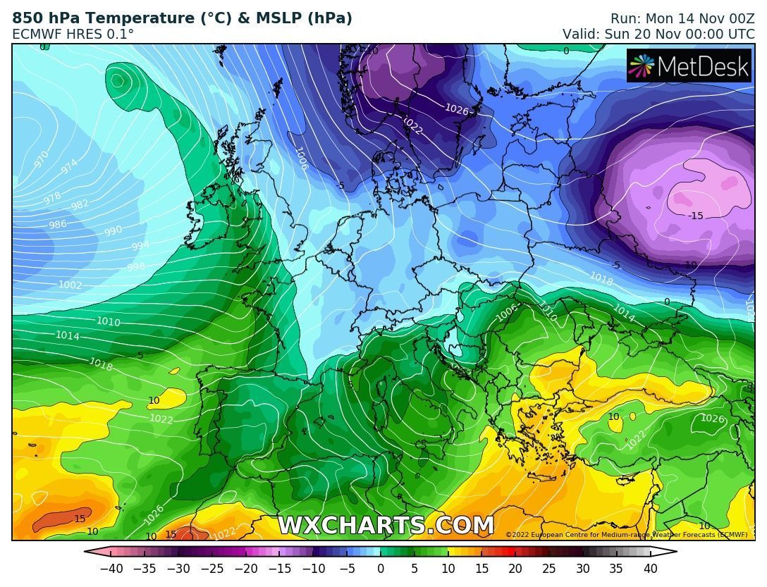Significantly colder during the weekend, especially in the northern Alps (wxcharts.com)