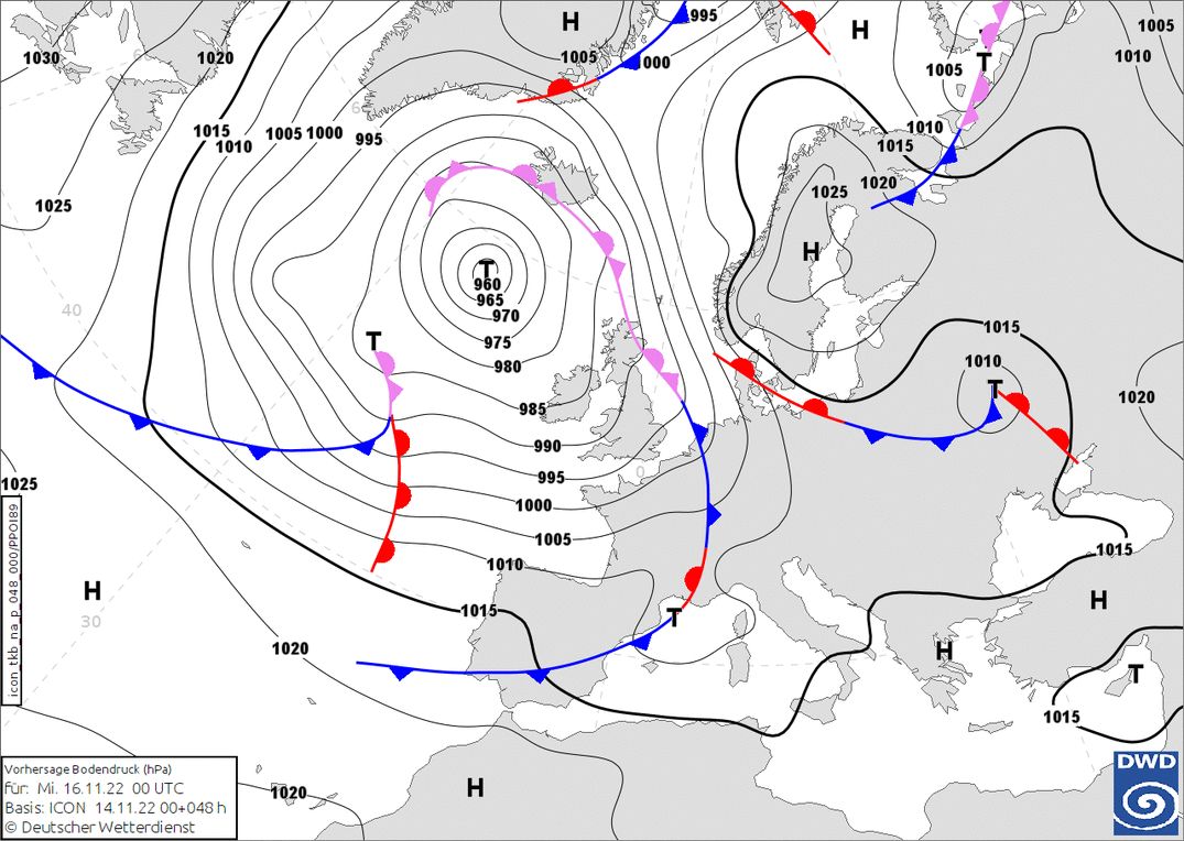 Cold front reaches the western Alps tomorrow evening (wetter3.de ,DWD)