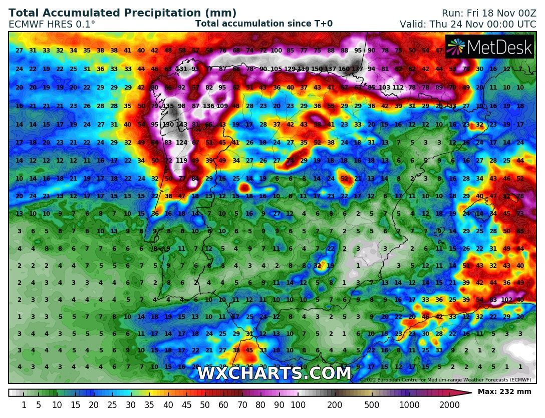 Veel neerslag in de Pyreneeën in de komende dagen (wxcharts.com)