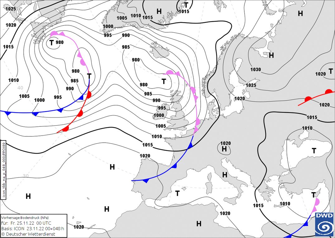 Weak cold front reaches the Western Alps Friday (wetter3.de, DWD)